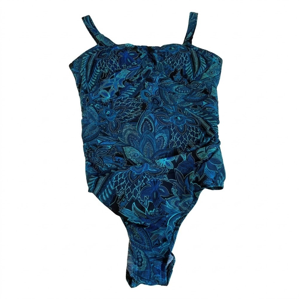Lands' End Tugless Tank One Piece Swimsuit Blue Paisley Floral 2XS Tummy Control